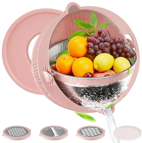 Pilipane Stainless Steel Colander with Plastic Mixing Bowl, Food Strainers with Grater Lid for Rice Vegetables Fruit, Pasta, Veggie Wash, Salad Spinner for Kitchen, Apartment Essential
