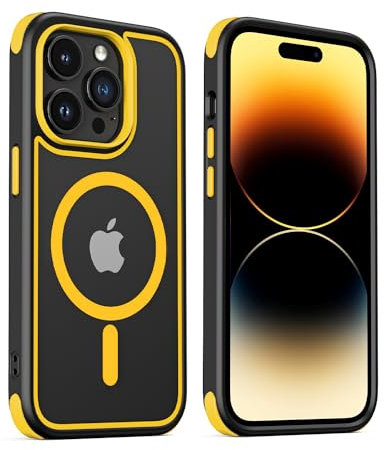 MobNano Magnetic Case For iPhone 14 Pro, [Support MagSafe Wireless Charging] Silicone Shockproof Bumper hard Transparent Outdoor Football Phone 14 Pro Cover - Black/Yellow