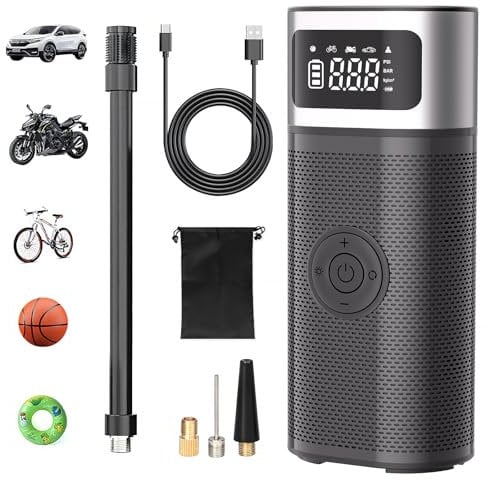 OneAmg Inflador Ruedas Coche,12V 5200mAh Compresor Aire Portatil,150PSI Compresor Aire Coche,con Pantalla LCD Digital y Linterna LED,Apto para Coches,Motos,Bicicletas y Pelotas USB Power Bank