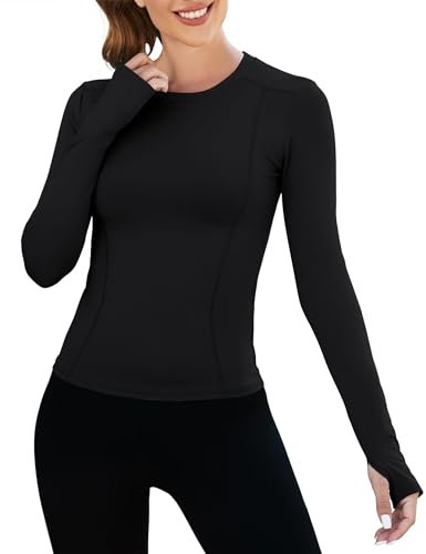 IECCP Sportshirt Damen Langarm Fitness T-Shirt Yoga Shirt Lang Damen Funktionsshirt Atmungsaktives Trainingsshirt Laufshirt für Wandern Trekking Gym Schwarz L