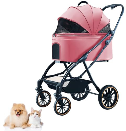PJDDP Passeggini per Cani A 4 Ruote, Passeggini per Cani E Gatti 3 in 1 Ripiegamento Automatico con Una Sola Mano Ruota in Gomma con Ammortizzatori Passeggino per Cani,Rosa