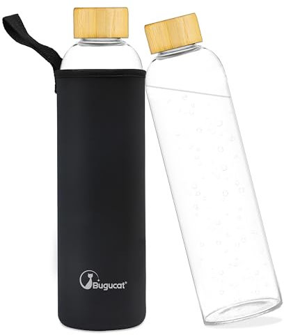 Bugucat Glasflasche 750 ML, Trinkflasche aus Glas mit Bambusdeckel und Schutzhülle, Wasserflasche Auslaufsicher aus Borosilikatglas, Karaffe für Smoothies Säfte Wasser und Getränke, BPA-Free Schwarz