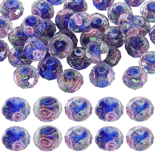 SUNNYCLUE 1 caja de 40 piezas de Cuentas de Murano de 9~10 mm A Granel Cuentas de Vidrio de Arena Doradas Redondas Azul Medianoche Florales Cuentas Espaciadoras Sueltas para Hacer Joyas Suministros de
