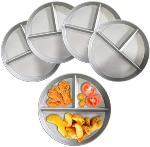 NOZVYCI 23CM Lot de 4 Assiette Plate Incassable avec 3 Compartiments Assiette à Dîner Divisée Allant au Micro-ondes et au Lave-vaisselle Assiette pour Enfants Familiale Séparée (Gris-clair)