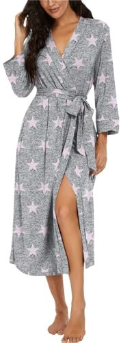 PrinStory Peignoir long ou court en tricot pour femme - Kimono doux - Robe de chambre décontractée pour femme, BB10 Étoile rose, M