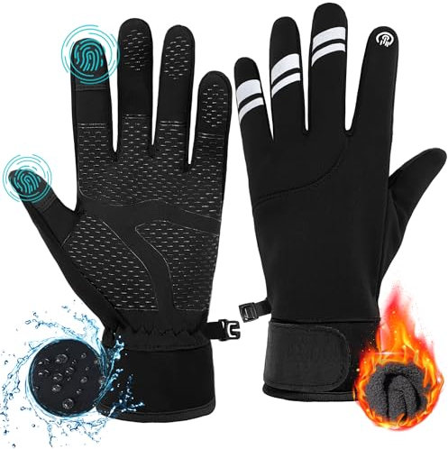 ehsbuy Guanti Invernali Uomo Impermeabili Bici Touch Screen Termici Liner Antiscivolo Ciclismo Invernale Guanti Caldi con Gancio e Loop Chiusura Cuff per Sportivi, Moto