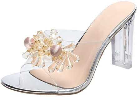 Generico Sandali Donna Tacco Largo con Tacchi Alti con Strass e Infradito Infradito Bianche Donna (Rose Gold, 39)
