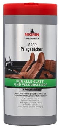 NIGRIN Leder-Pflegetücher, Reinigung, Schutz und Pflege des Fahrzeug-Innenraums, für alle Lederoberflächen, mit Bienenwachs, farbauffrischend, reißfest, im praktischen Frischepack, 30x