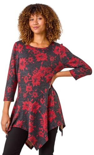 Roman Originals Women Asymmetric Top Ladies Hanky Hem Blouse Stretchy Tunic Occasion Smart Casual Summer Sprint Winter Autumn Cocktail Party Evening 3/4 Short Sleeve - Ruby Noir - Size 14