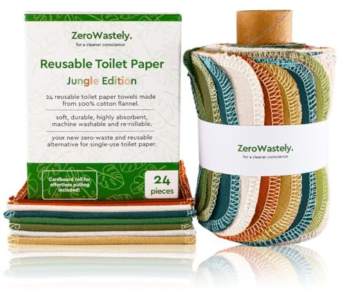 ZeroWastely Lot de 24 rouleaux de papier toilette réutilisables lavables – Serviettes de bidet lavables – Coupez et gaspillez moins avec nos lingettes colorées super douces, absorbantes et