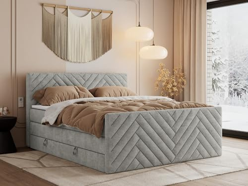 MKS MEBLE Boxspringbett Paris King Duo 160x200 cm mit Bettkasten Stauraum, Doppelbett mit Kopfteil und Fußteil, 7-Zonen Taschenfederkern Matratze H3 mit Topper T25 - Hellgrau Struktur