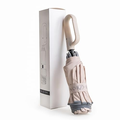 B-LION Umgekehrter Klappschirm mit 10 verstärkten Stäben, reflektierendem Band, automatisches Öffnen und Schließen, winddicht und Griff mit Schnalle – leicht zu tragen für Damen und Herren, beige