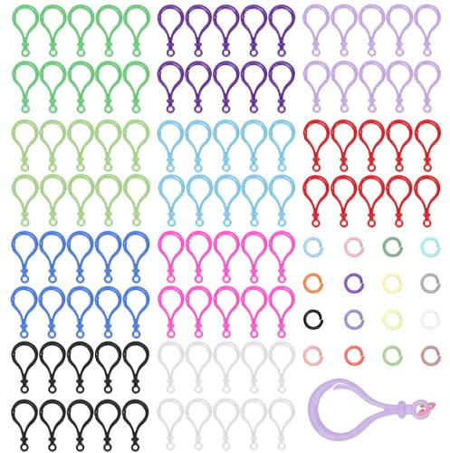 Glarks 200 chiusure a moschettone in plastica di 10 colori e anelli aperti, 100 anelli portachiavi per zaino e 100 anelli di salto da 10 mm per cordini e ganci