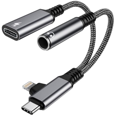 Adaptateur USB C & Lightning vers Jack 3.5mm avec Charge Rapide PD 60W, Prise Type C vers AUX 2 en 2 pour écouteurs, Adaptateur Casque iPhone pour iPhone 16/15/14/13/Samsung/Huawei/Pixel