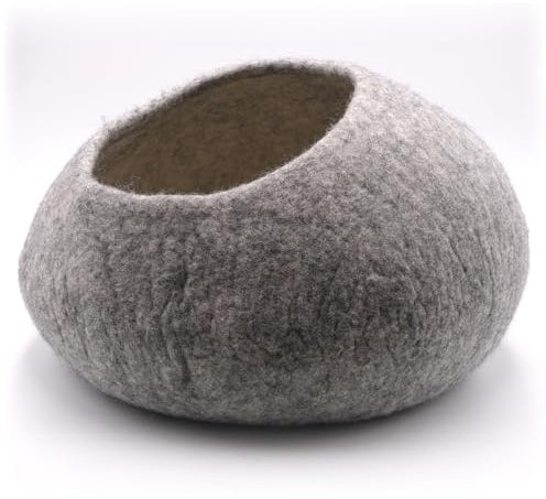 Miauff Katzenhöhle aus Filz – Handgefertigte Kuschelhöhle aus 100 % Wolle – Hygienisch, geruchsneutral & stilvoll​ (grau meliert, ohne Lammfell)