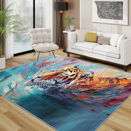 Generisch Tiger Teppich 140x200 cm, Wildtiere Teppich Wohnzimmer, Tierwelt Kurzflor rutschfest Pflegeleicht Teppiche Für Jugendzimmer Schlafzimmer, Orange Blau