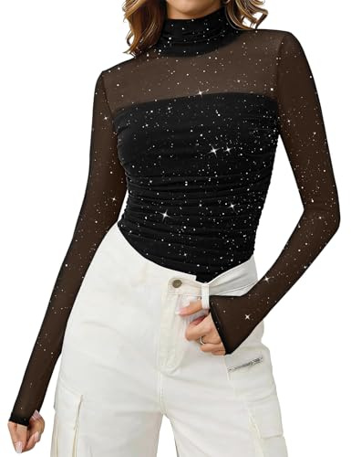 Bridesmay Mesh Long Sleeve Tops for Women Trendy Mock Turtle Necks Sparkly Ruched Sheer Shirts Black M