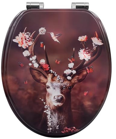 WOLTU Toilet Seat, O-Shaped Loo Seat with Soft Close and Quick Release Functions, with Adjustable Hinges, Upgraded Mounting Set for Different Types of Toilets, Deer Pattern