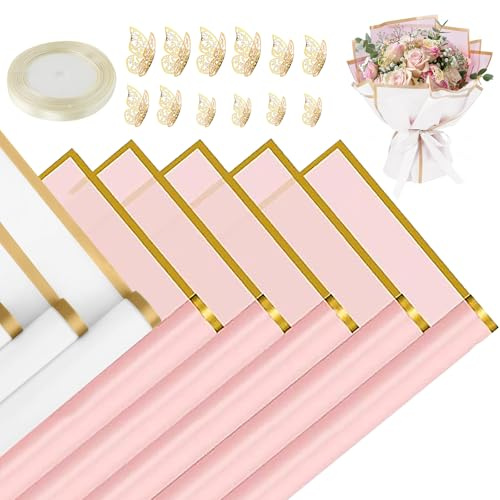 14 Blatt Blumenstrauß Geschenkpapier, Blumen Papier mit Goldrand | Blumenpapier mit Band & 12x Schmetterling Deko, für Geschenkverpackungen Handwerk, Rosa & Weiß, 56x56cm