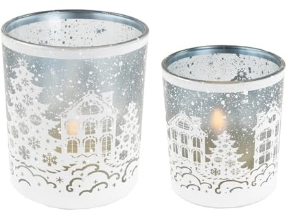 Windlicht Teelichtglas Schneedorf, Weiss (2er Set) - Tischdeko Advent Weihnachten, Teelichthalter, Dekoglas, Winterdeko, Adventsdeko