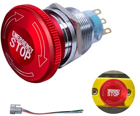 22mm Edelstahl Not-Aus-Druckschalter mit Metallverriegelung, Metallischer Not-Halteschalter, 12-220V, 3A, 1NO 1NC, Push Button mit Anschlussstecker für Sicherheitssysteme und Maschinensteuerung