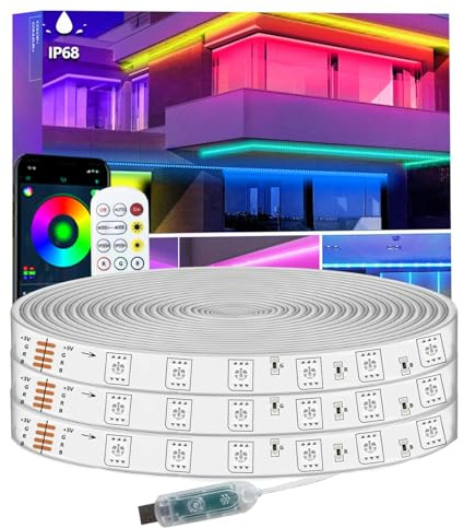 Bvokon 12m RGB LED Streifen, IP68 Wasserdicht, 5V USB Betrieben, Musik Sync, Bluetooth App/RF Fernbedienung, Lichter für Balkon, Deck, Camping, Garten, Schlafzimmer, Dekor