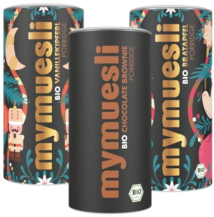 mymuesli Weihnachts-BIO-Porridge (3x 400g) - Choco Brownie, Vanille Kipferl, und Bratapfel Porridge - natürlicher Haferbrei für das gesunde Christmas Frühstück - ohne Palmöl & regional