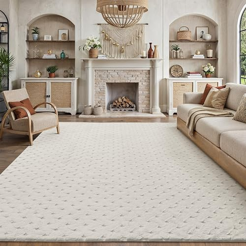 PureCozy Teppich 200x300cm Creme Wohnzimmer Schlafzimmer Flauschiger Teppiche Waschbarer Weich Groß Fellteppich Carpet Modern rutschfest Esszimmer BüRo 3D Effect Rautenmuster Faux Fur