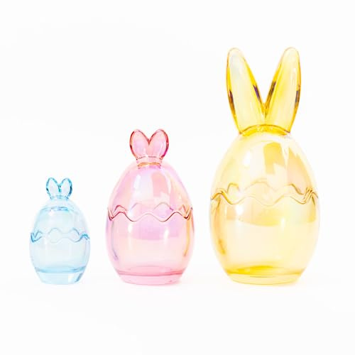 Easter Egg Glass Jars with Bunny Ears - Set of 3 Multicolour Mini Decorative Jars - Reusable Spring Home & Table Decoration Container (Colourful)