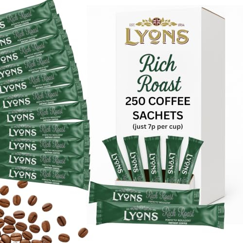 250pcs Lyons Rich Roast Individual Instant Coffee Sachets - 1.5g Rich Roast One Cup Coffee Sticks - Single Serve Individual Hot Drink Sachets for Hotels, Offices and Travel