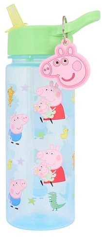 Peppa Pig Bouteille d'eau de 500 ml avec paille, couvercle vert, porte-clés et breloque personnage, bouteille en polypropylène pour enfants