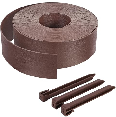 VOUNOT® Bordure de Jardin en PE 10 mètres avec 6 Piquets d’ancrage Bordure de Gazon Flexible Bordurette de Pelouse Aspect Naturel Hauteur 8cm Epaisseur 3mm Marron