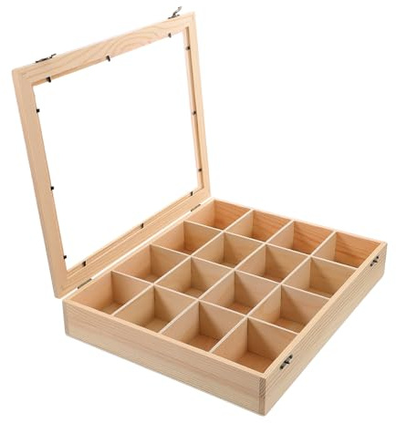 GALPADA Organizador de Colección de Rocas de Madera con 16 Compartimentos y Tapa Transparente, Vitrina para Exhibir Minerales y Cristales con Superficie Lisa y Protección Segura
