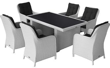RAGNARÖK PolyRattan - Deutscher Hersteller - Gartenmöbel Essgruppe Tisch 6 Sessel 12 Polster Rostfrei Aluminium Weiße Garnitur (Doppelhalbrund-Rattan) + Polster & Glas Schwarz