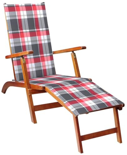 XHNIFBN Chaise longue avec repose-pieds et coussin à carreaux rouges en bois massif d'acacia, 167 x 56 x 75 cm, pliable, réglable sur 3 positions, robuste, pour terrasse, balcon, jardin, piscine