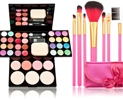 Makeup Brushes Cosmetic Palette Set Professional Makeup Palette Kit (Include: Eyeshadow & Blusher & Face Powder & Lip Gloss) + Makeup Brushes Set(39 Eyeshadow Palette+7Pcs Rose Brushes)