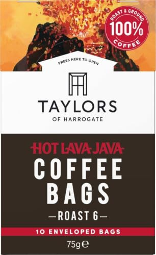 Taylors of Harrogate Hot Lava Java Enveloped Coffee Bags, Roast 6, 10 Bags | 1 Box of 10 Coffee Bags, Roast 6, Strong & Smoky Speciality Blend, 100% Arabica Roast & Ground Coffee