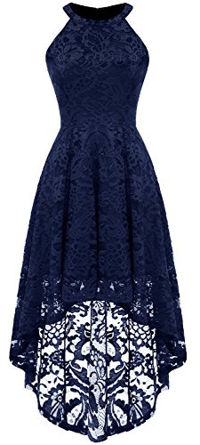 Dressystar Women Halter Lace Wedding Guest Dress Hi-Lo Cocktail Party Bridesmaid Formal Dresses Navy M