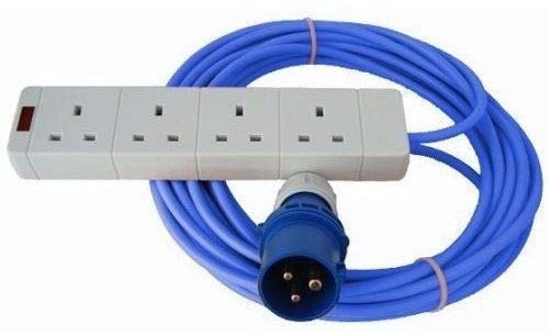 14m 4 Gang 16A Electric Hook Up Lead.Blue Arctic Cable Camping Caravan Lead