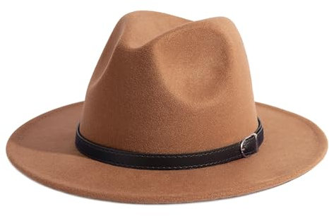 Herren & Damen Panamahut Klassische breite Krempe Fedora Hut mit Gürtelschnalle, Khaki,