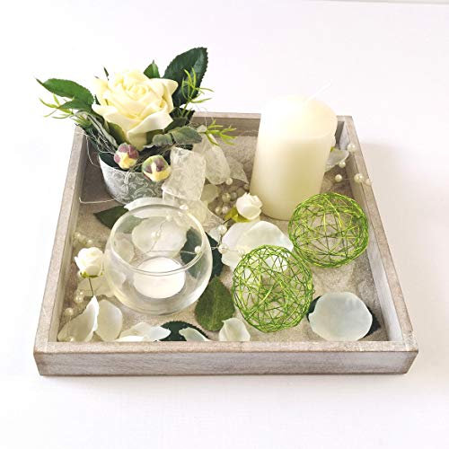 Fibula[Style]® Kerzendekoration Kerzenset Rose Creme Holztablett 25 x 25 cm Hochzeit Geschenk Frühjahr Sommer Tischdekoration Kerzenarrangement