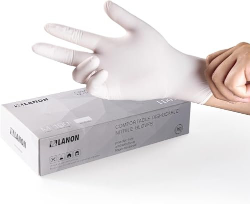 LANON 3 mil Disposable Nitrile Gloves Food Grade with Textured Fingertips, Latex and Powder Free, White, Pack of 100, Large