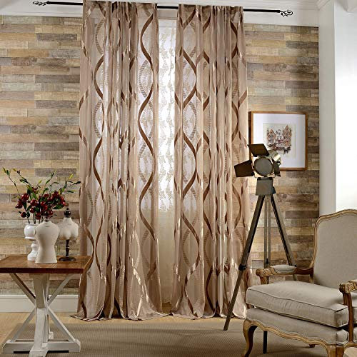 Naturer Braun Vorhänge Durchsichtig 245x140 Lang Welligkeit Stickerei Muster Tüll Gardinen Transparent Kräuselband 2 Stück Fenstervorhang Dekoschal Wohnzimmer Schlafzimmer