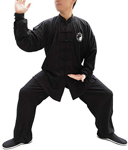 Dee Plus Tai Chi Uniform Men Women Kung Fu Suit Cotton Martial Art Clothing, Long sleeve, Chinese Traditional Uniforms Zen Meditation for Tai Chi and Wing Chun Wu Shu Meditation and Qigong Black (3XL)