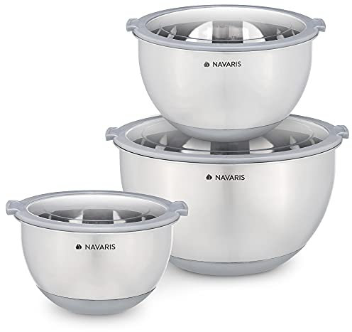 Navaris Edelstahl Schüssel Schale mit Deckel - 3-teiliges Set Rührschüssel Salatschüssel - Edelstahlschüssel Schüsselset Behälter in Grau