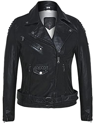 Blueorn Sophie Coole Damen Lederjacke - Bikerjacke Damen Echt Leder Jacke Schwarz aus feinstem Lammnappa Leder mit Gürtel und Reverskragen