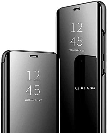 Jacyren Kompatibel Samsung Galaxy S7 Edge Hülle, Leder Flip Case Spiegel Handyhülle S7 Schutzhülle 360°Hard PC Transluzent View Miroir Stoßfest Cover Ständer Funktion Tasche Etui (S7 Edge, Schwarz)