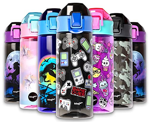 fringoo - Giocatore - Borraccia per bambini con cannuccia - Borracce senza BPA - Borraccia in paglia nera - Borraccia riutilizzabile - 600 ml / 20 Oz