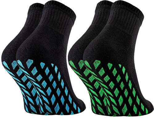 Rainbow Socks - Mädchen Neon Sneaker Sport Brokaten Stoppersocken - 2 Paar - Schwarz+Blau Grün ABS - Größen 24-29