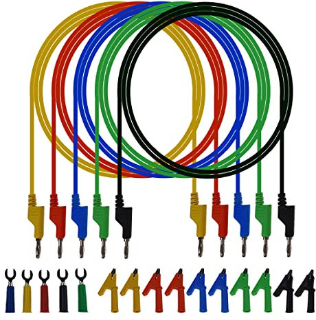 Lot de 5 câbles banane de 4 mm vers fiche banane, 10 pinces crocodiles, 5 inserts en forme de U pour test électrique multimètre